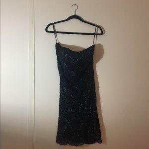 Navy Strapless Beaded Mini Dress